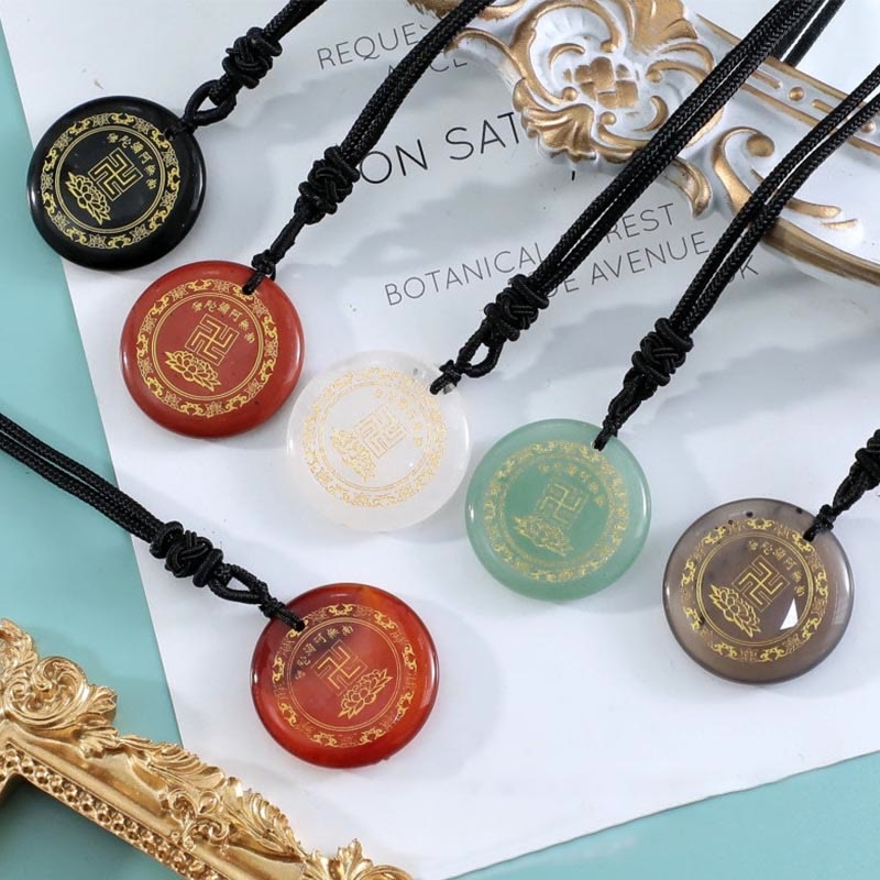 Swastika Lotus Pattern Natural Various Crystal Black Obsidian Purification Necklace Pendant