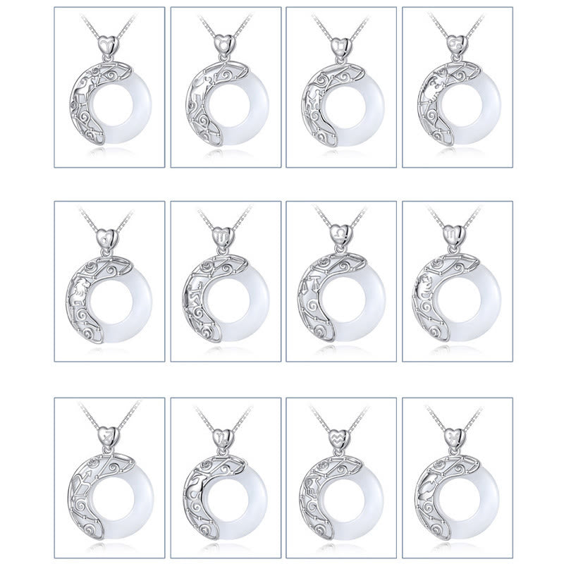 925 Sterling Silver 12 Constellations of the Zodiac Cat's Eye Love Support Necklace Pendant
