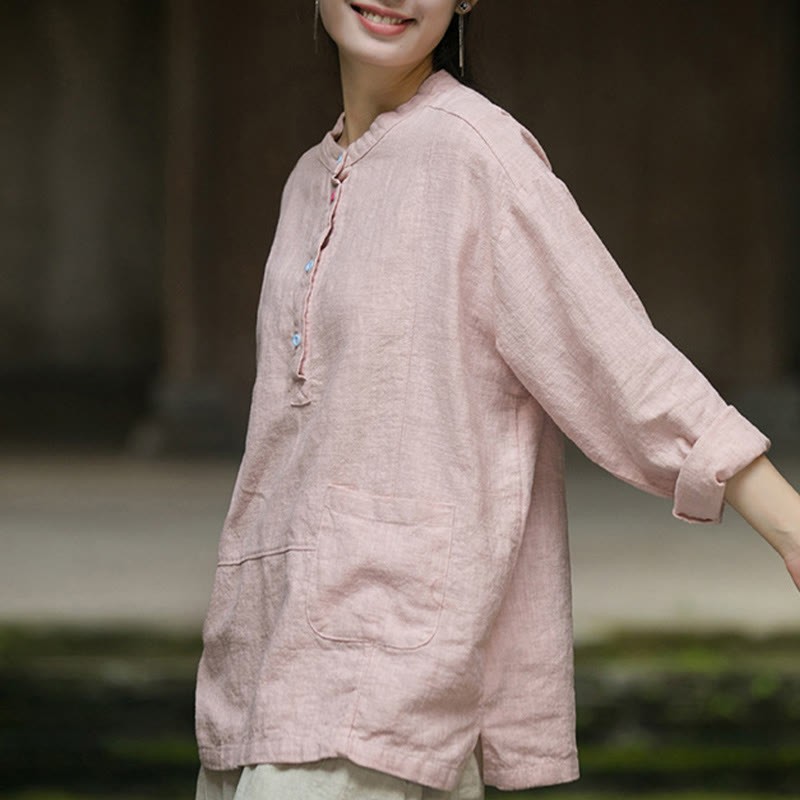 Solid Color Long Sleeve Ramie Linen Half Button Women's Shirt
