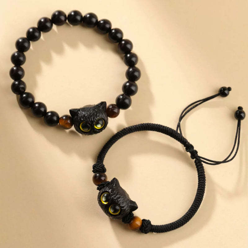 Cute Ebony Wood Cat Head Pattern Peace Bracelet