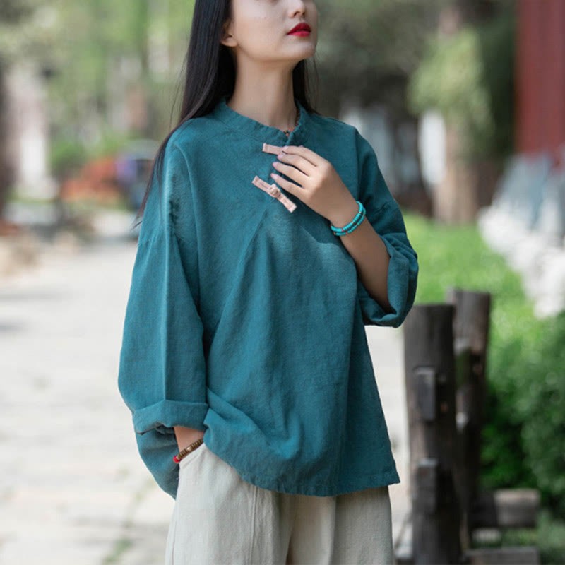 Ramie Linen Loose Blouse Women Long Sleeve Shirt Chinese Hanfu Top