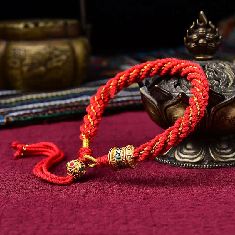 Tibetan Handmade Luck Thangka Prayer Wheel Charm Weave String Bracelet
