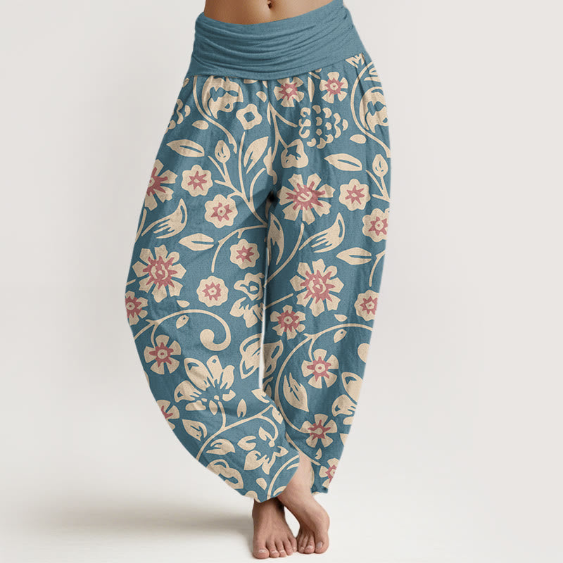 Casual Beige Pink Flowers Grapes Design Women's Elastic Waist Harem Pants