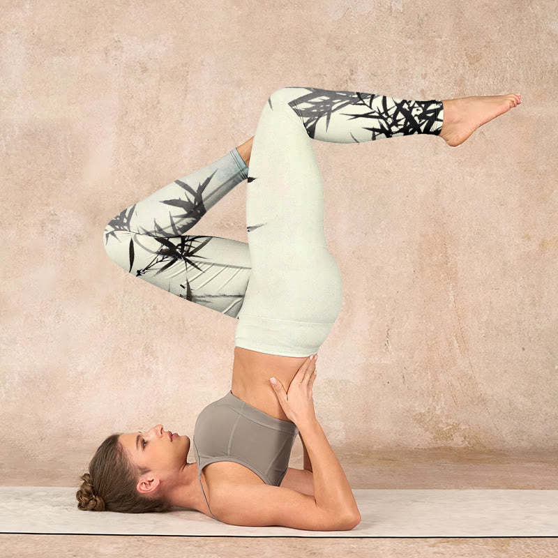 Ink Painting Bamboo Leaves Print Sports Leggings Women's Yoga Pants