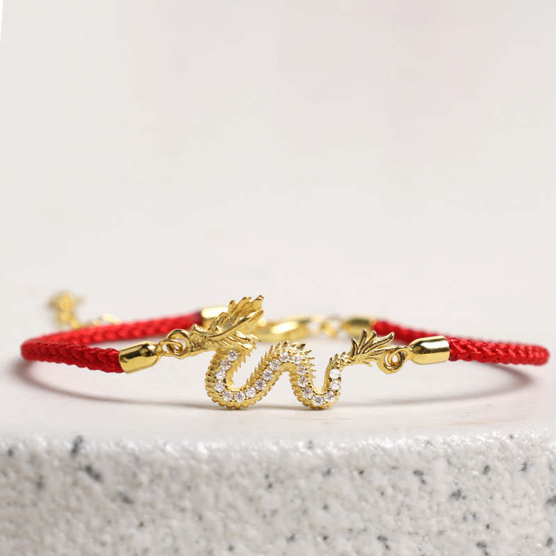 925 Sterling Silver Year Of The Dragon Auspicious Golden Dragon Luck Red Rope Chain Bracelet (Extra 30% Off | USE CODE: FS30)