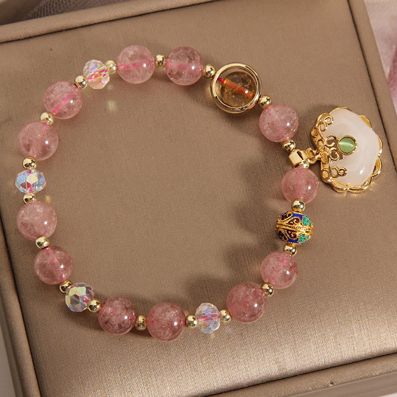 Strawberry Quartz Green Crystal Amethyst Healing Chinese Lock Charm Bracelet