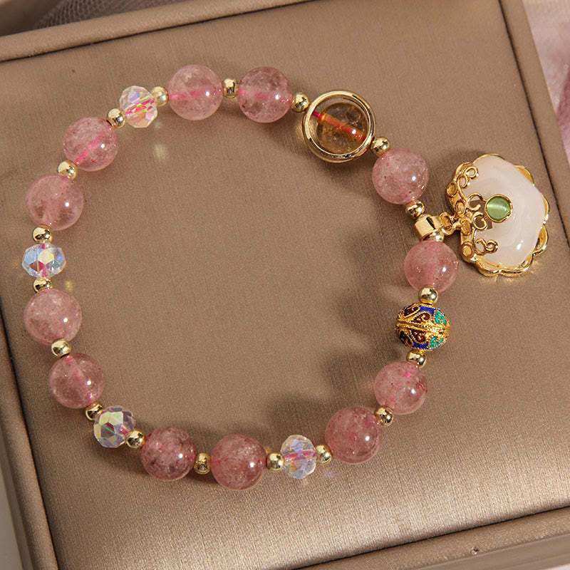 Strawberry Quartz Green Crystal Amethyst Healing Chinese Lock Charm Bracelet