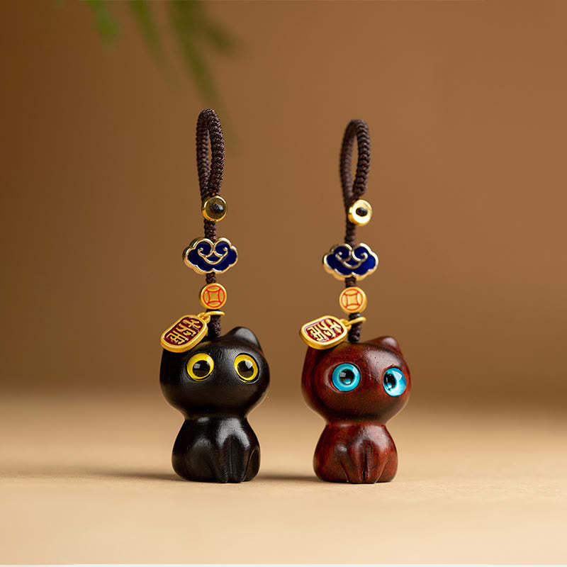Small Leaf Red Sandalwood Ebony Wood Lucky Cat Protection Key Chain Phone Hanging Decoration