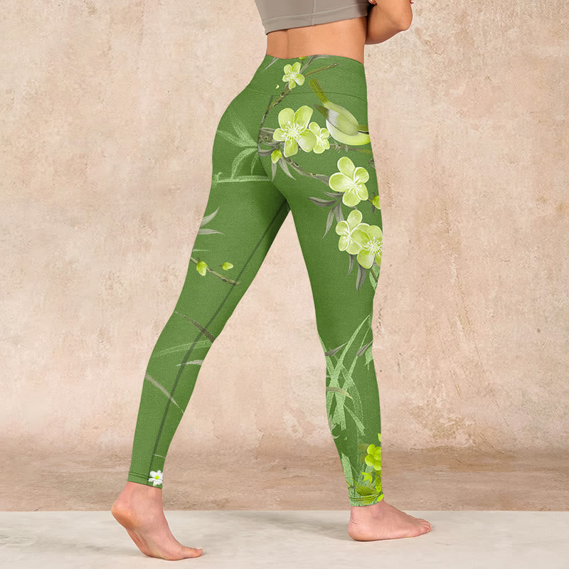 Magpie Flowers Branches Print Gym Leggings Women's Yoga Pants