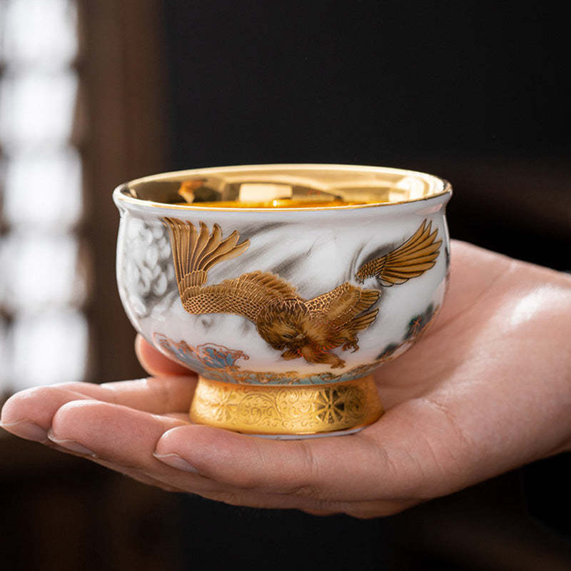 Golden Eagle Auspicious Dragon Sun Ocean Waves Gilt Ceramic Teacup Kung Fu Tea Cup