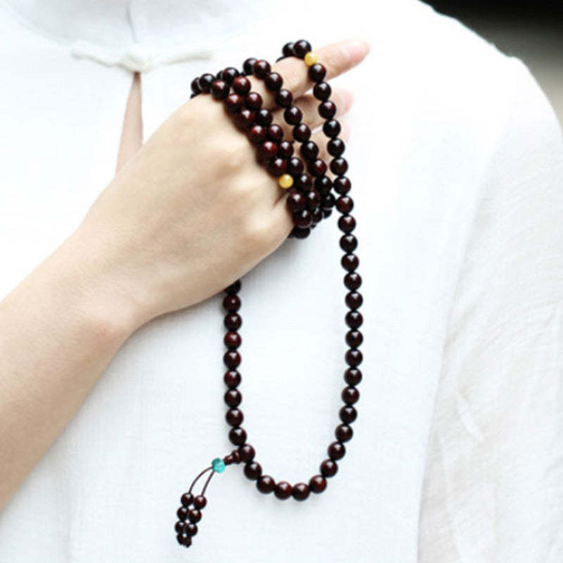 108 Mala Beads 4.8 Stars With Gold Star Indian Small Leaf Red Sandalwood Amber Turquoise Chinese Knotting Blessing Bracelet
