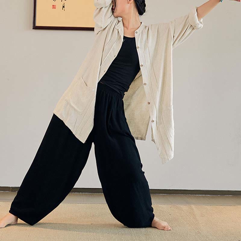 Plain Long Sleeve Coat Jacket Top Wide Leg Pants Zen Tai Chi Yoga Meditation Clothing
