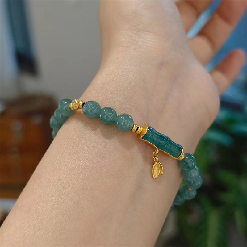 925 Sterling Silver Plated Gold Natural Green Jade Bamboo Charm Luck Bracelet