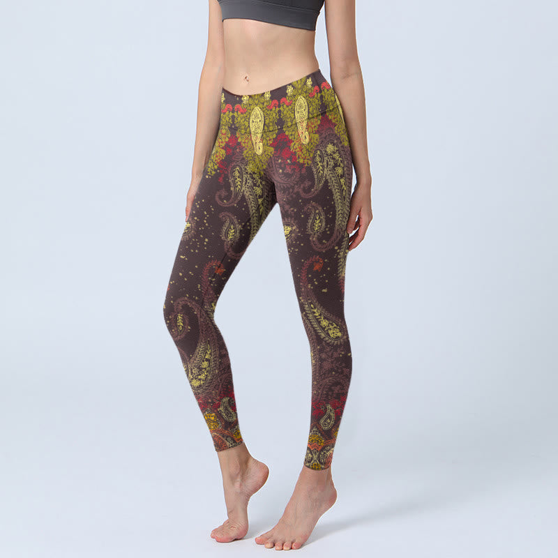 Reddish-brown Cashew Flower Vines Print Gym Leggings Women's Yoga Pants