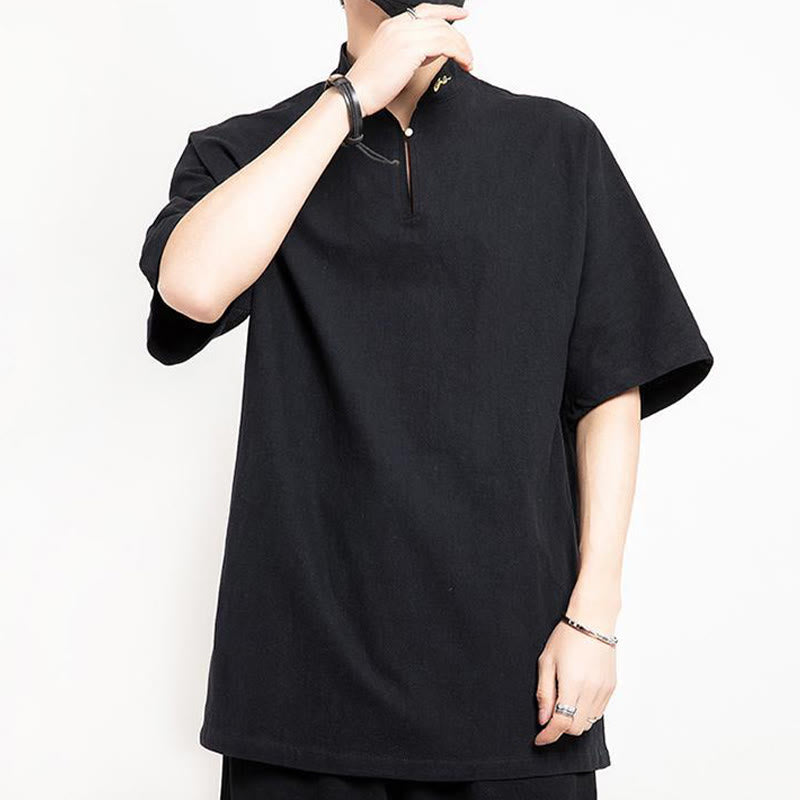 Chinese Tang Suit Embroidery Half Sleeve Shirt Linen Men Clothing