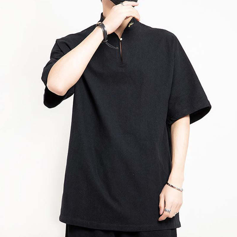 Chinese Tang Suit Embroidery Half Sleeve Shirt Linen Men Clothing
