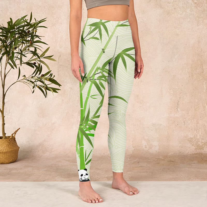 Lush Bamboo Panda Auspicious Cloud Waves Print Gym Leggings Women's Yoga Pants