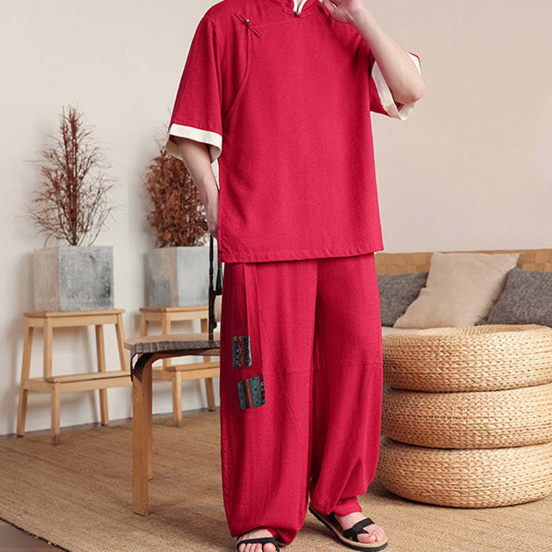 2Pcs Chinese Frog-button Men's Shirt Wide Leg Pants Meditation Cloth Set