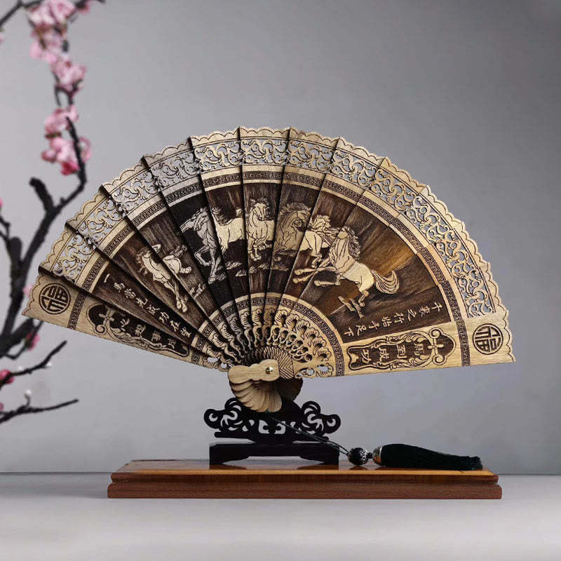 Koi Fish Peony Bird Flower Engraved Hollow Handheld Phoebe Zhennan Wood Folding Fan 22cm