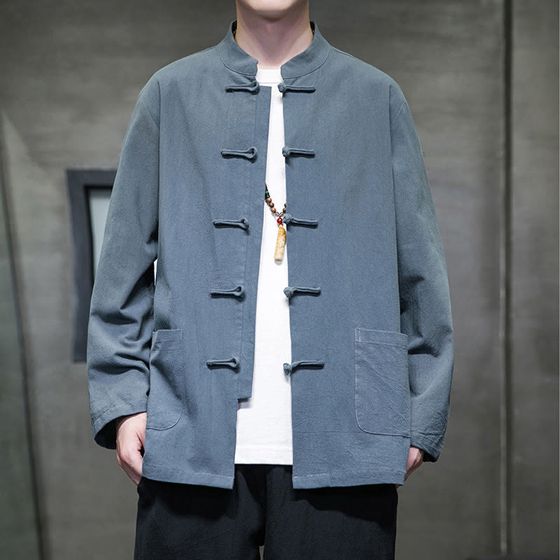 Solid Color Frog-button Tang Suit Cotton Linen Men's Jacket Shirt With Pockets