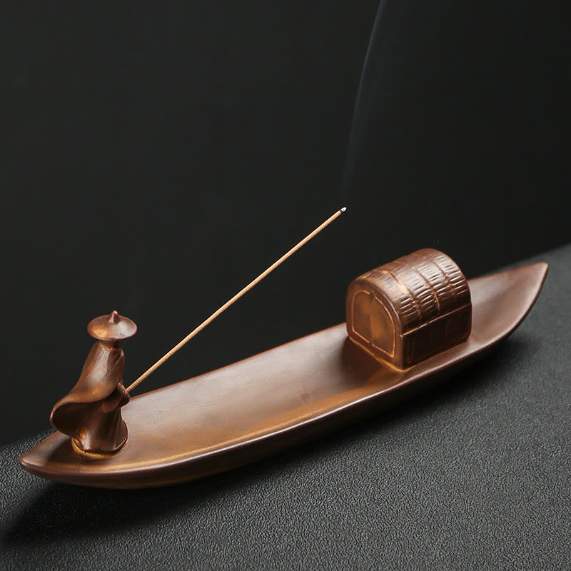 Fisherman Fishing Boat Bamboo mystic zen Hand Lotus Spiritual Healing Ceramic Stick Incense Burner Decoration