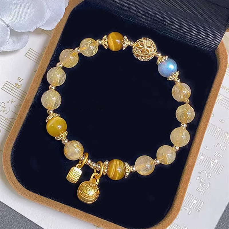Natural Rutilated Quartz Fu Character Metal Swallowing Beast Auspiciousness Bracelet