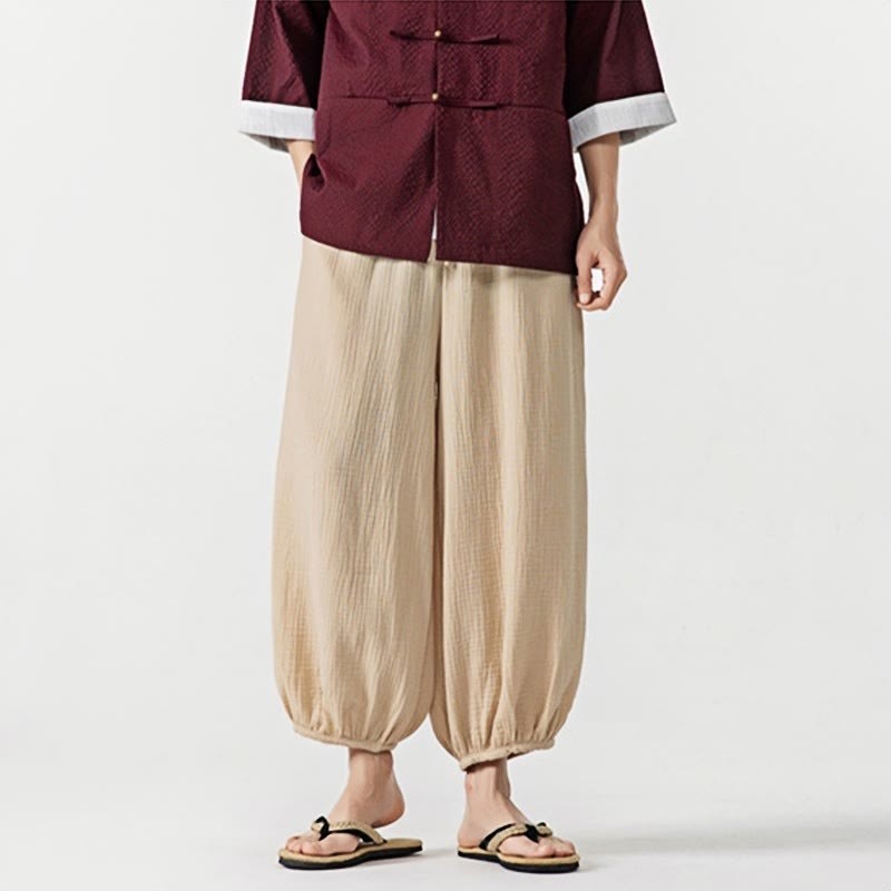 Soft Solid Color Drawstring Cotton Men's Pants With Pockets