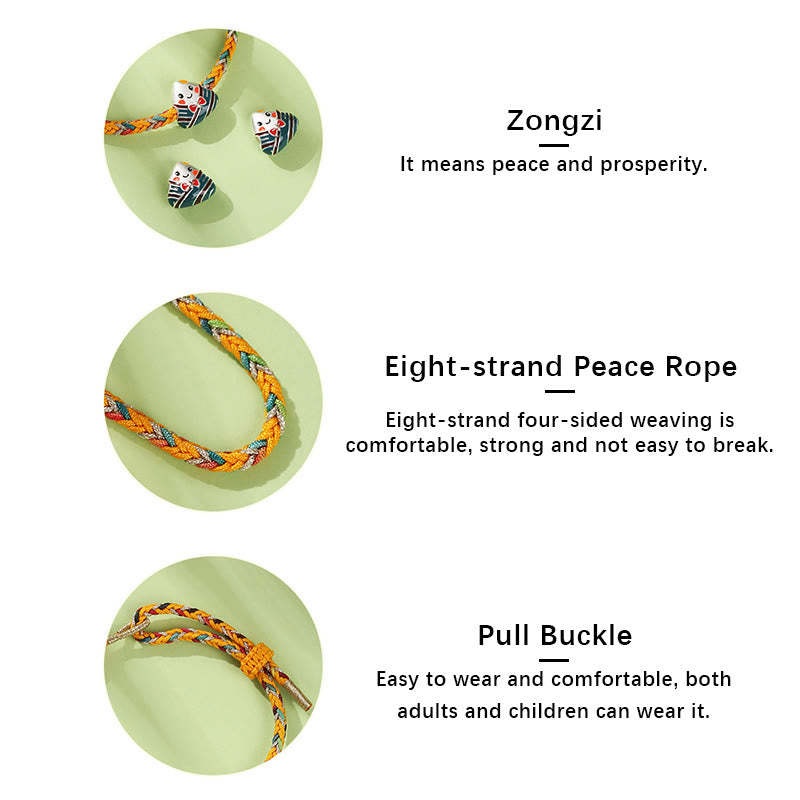 925 Sterling Silver Dragon Boat Festival Zongzi Pattern Luck Handmade Multicolored Rope Child Adult Bracelet