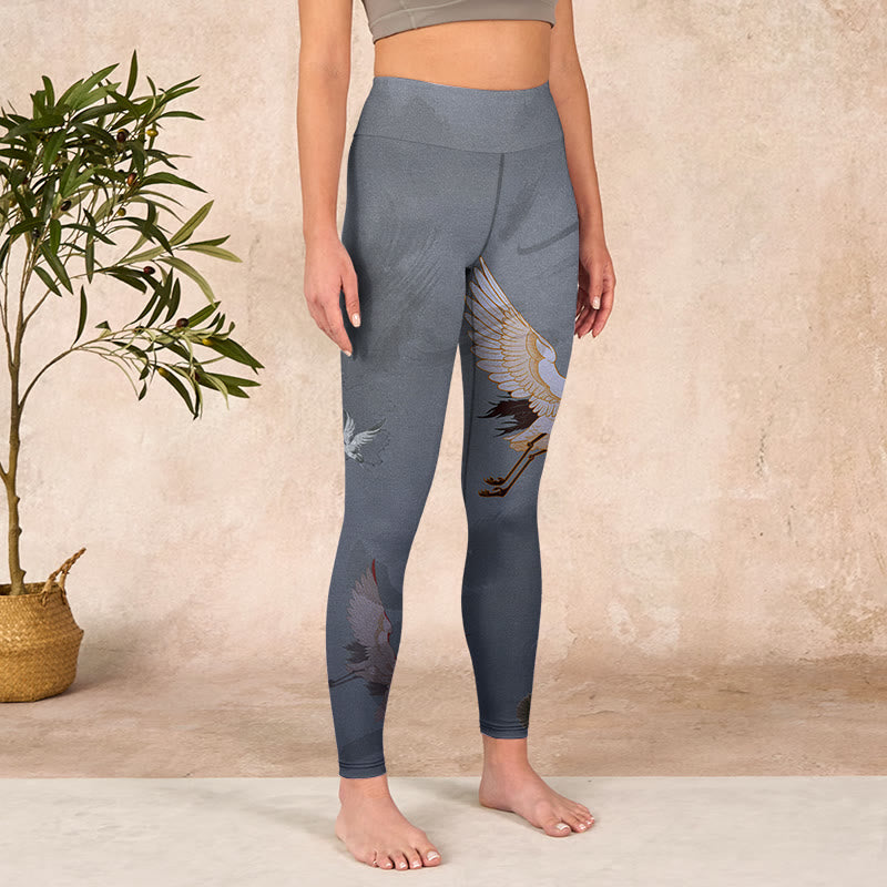 Auspicious White Crane Pine Tree Print Gym Leggings Women's Yoga Pants