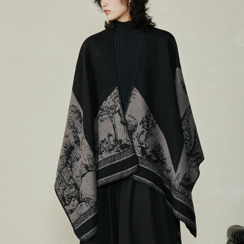 Black Gray Sika Deer Animal Forest Double-sided Shawl Fall Winter Warm Scarf Wrap