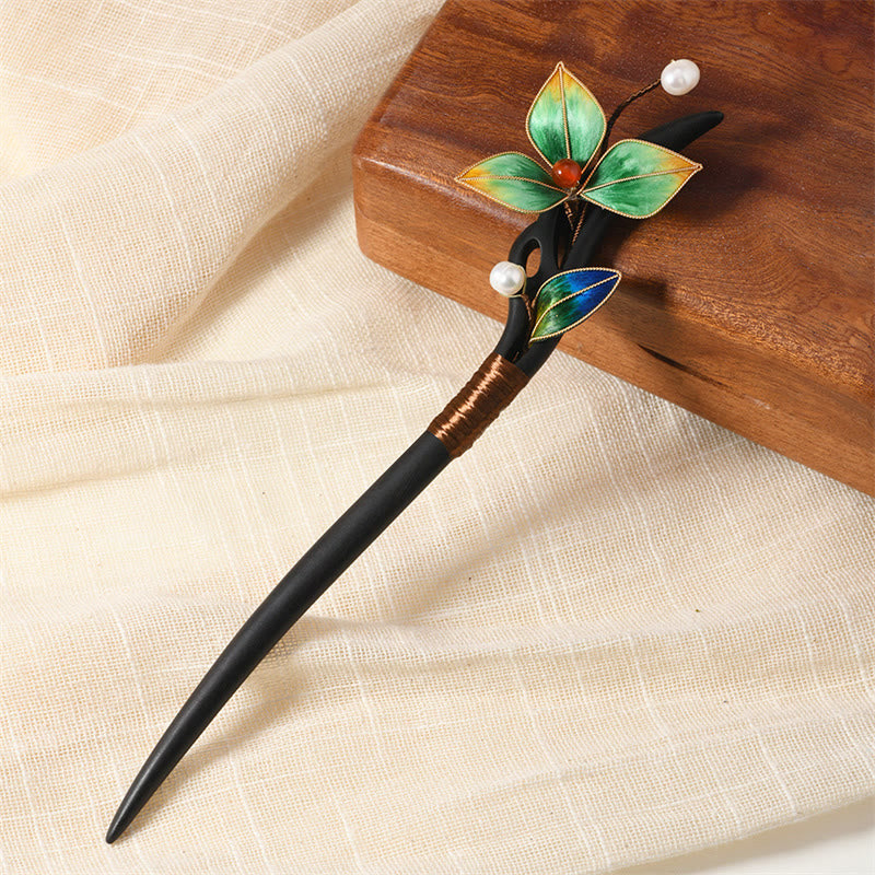 Intangible Cultural Heritage Craft Ebony Wood Silk Flower Butterfly Pearl Blessing Hairpin