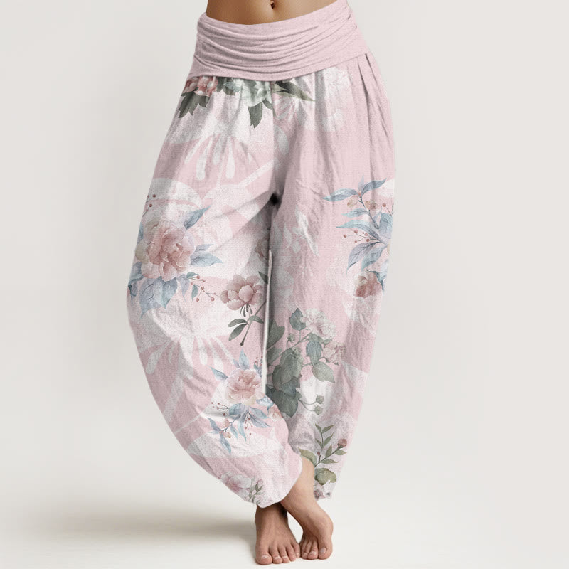 Flowers White Leaves Women's Elastic Waist Harem Pants