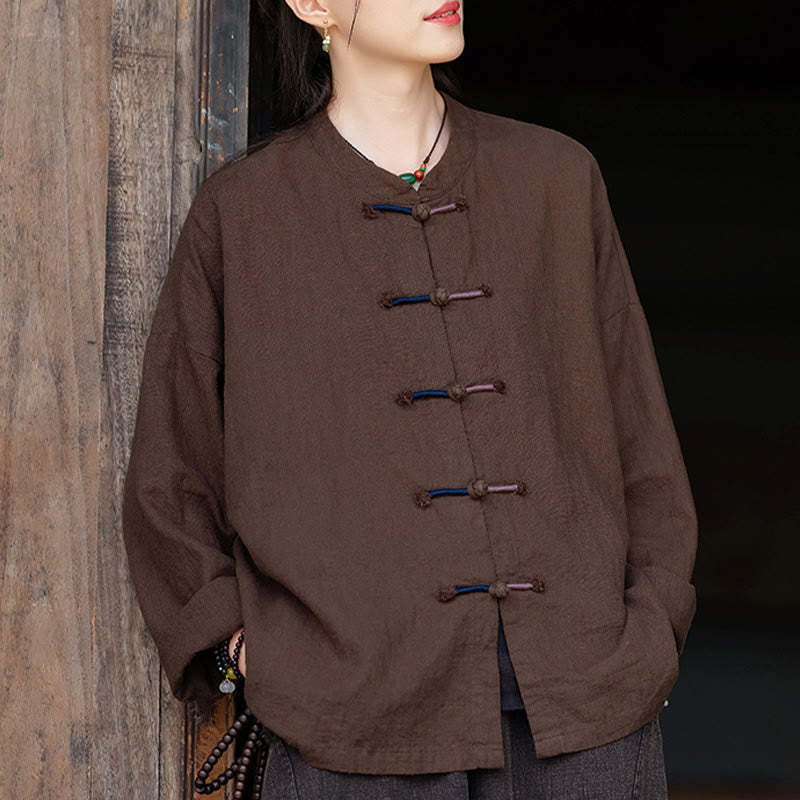 Solid Color Two-color Frog-button Long Sleeve Ramie Linen Women's Shirt