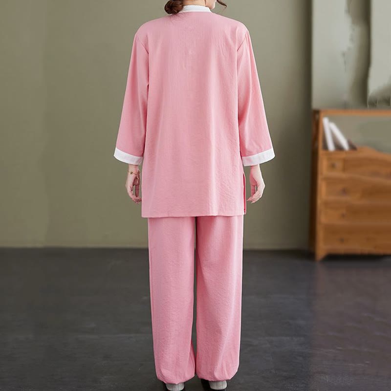 2Pcs Vintage Long Sleeve Shirt Top Pants Meditation Zen Tai Chi Cotton Linen Clothing Women's Set