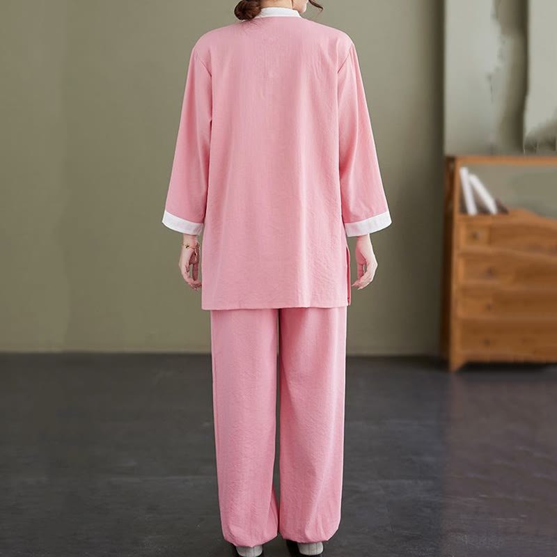 2Pcs Vintage Long Sleeve Shirt Top Pants Meditation Zen Tai Chi Cotton Linen Clothing Women's Set