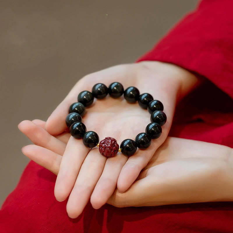 Chinese Zodiac Natural Black Obsidian Cinnabar Purification Bracelet