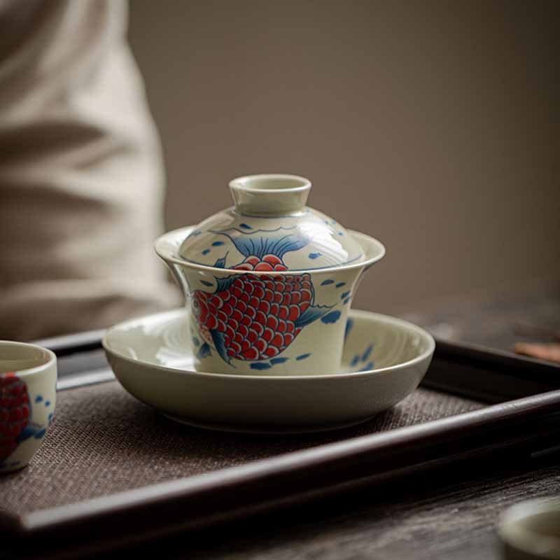 Koi Fish Arowana Ceramic Gaiwan Sancai Teacup Kung Fu Tea Cup With Lid 130ml