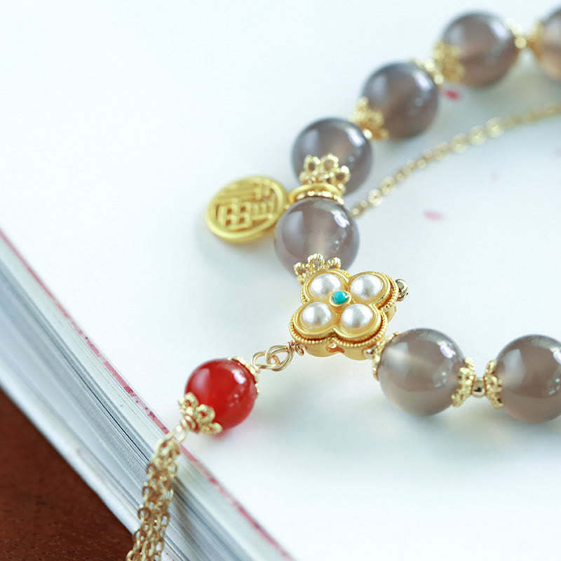 Natural Gray Agate Fu Character Pearl Tassel Balance Bracelet