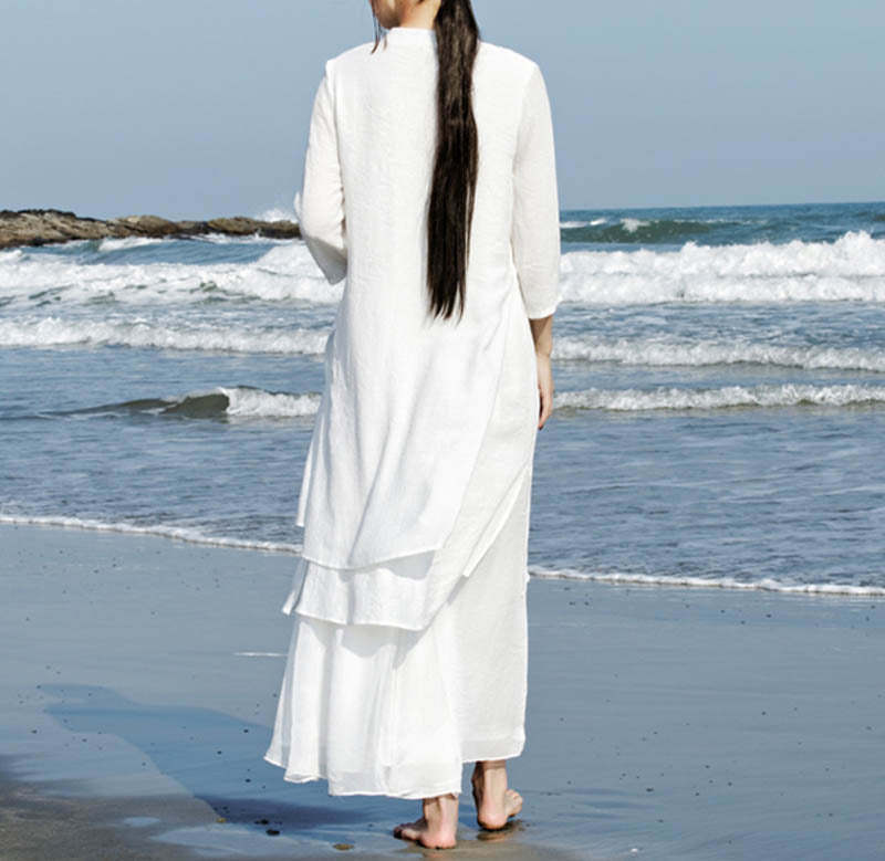 2Pcs White Tai Chi Meditation Yoga Zen Cotton Linen Clothing Top Pants Women's Set