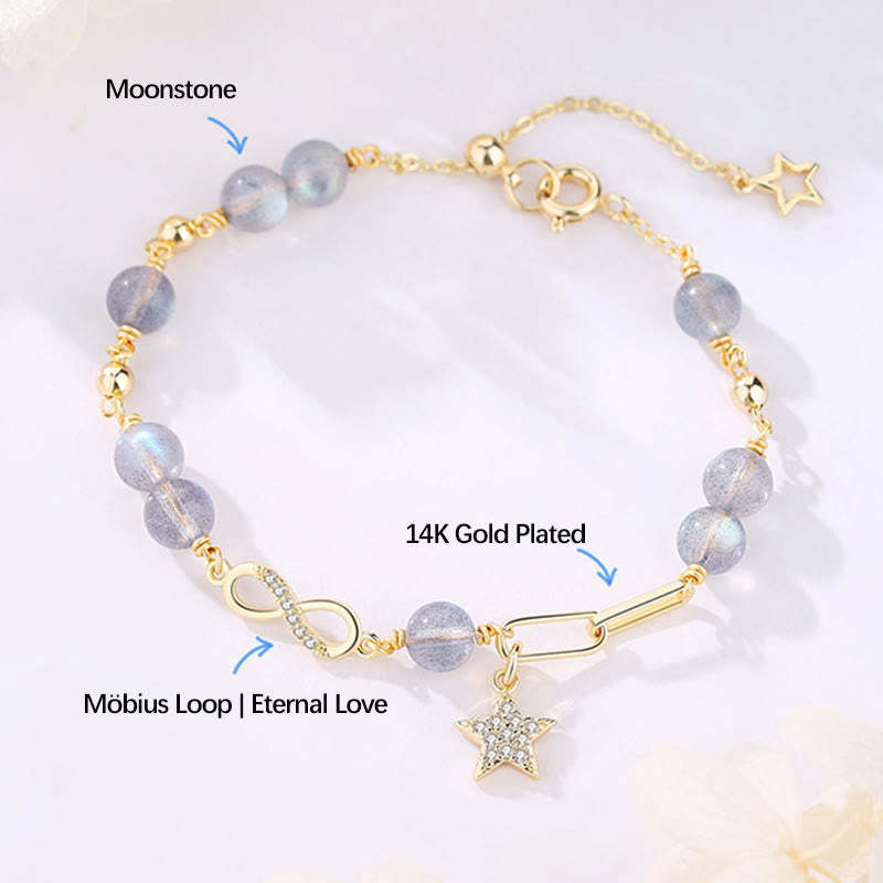 14K Gold Plated Natural Strawberry Quartz Moonstone M?bius Loop Eternal Love Star Positive Bracelet