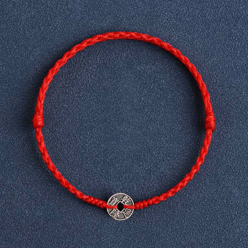 925 Sterling Silver Five Emperor Coins Red String Protection Luck Braided Bracelet Anklet