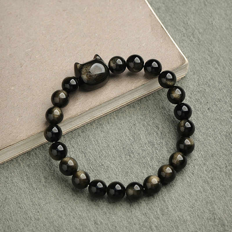 Gold Sheen Obsidian Silver Sheen Obsidian Lovely Paw Lucky Cat Protection Bracelet