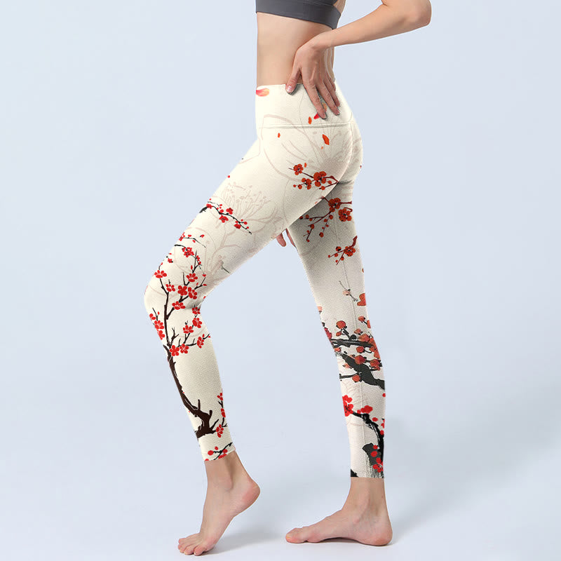 Blooming Red Plum Blossoms Print Gym Leggings Women's Yoga Pants
