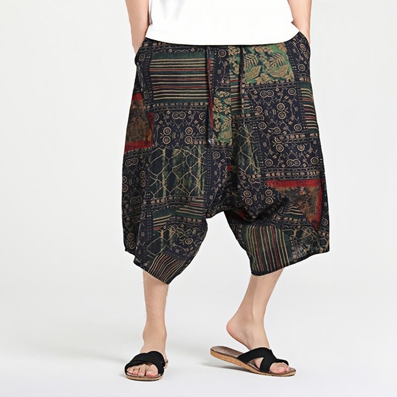 Ethnic Pattern Drawstring 7-8 Length Cotton Men's Harem Pants With Pockets