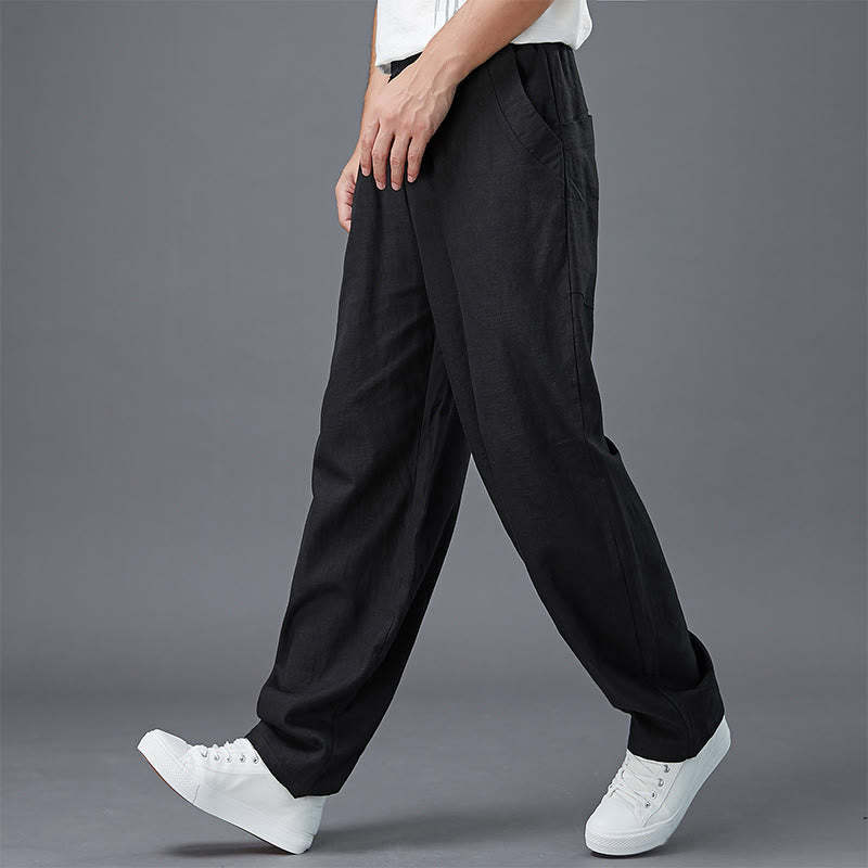 Plain Color Elastic Waist Ramie Linen Men's Pants With Pockets