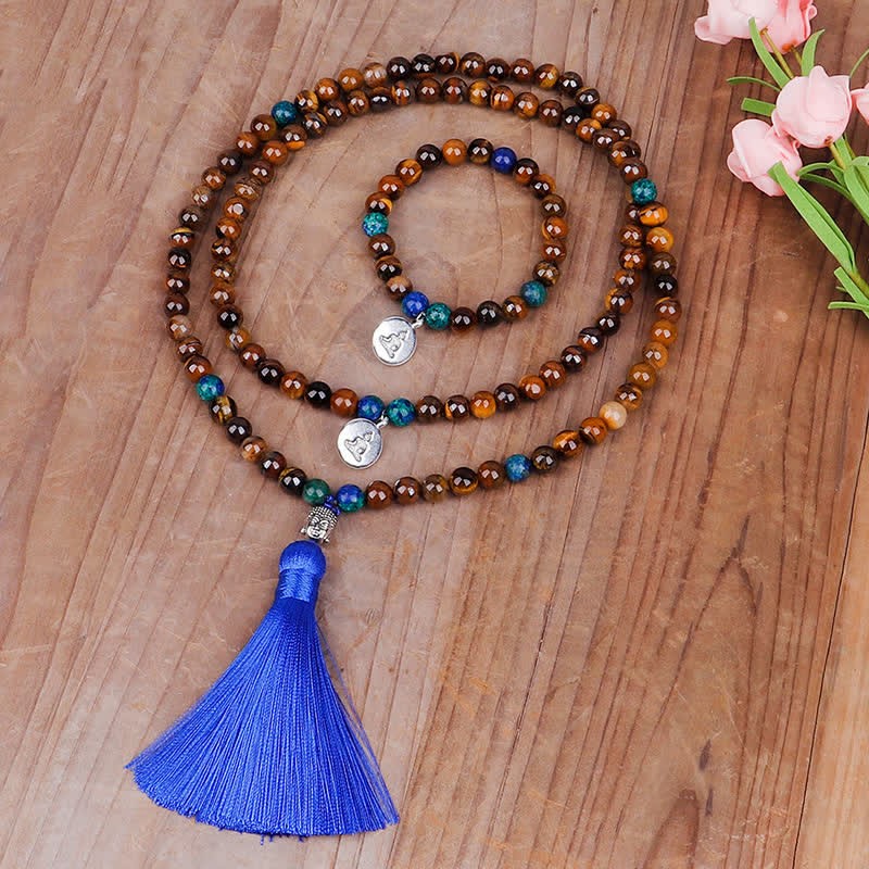 108 Mala Beads Tiger Eye mystic zen Strength Bracelet Tassel Necklace Pendant