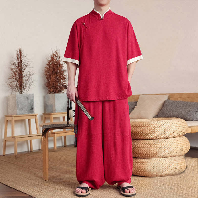 2Pcs Chinese Frog-button Men's Shirt Wide Leg Pants Meditation Cloth Set