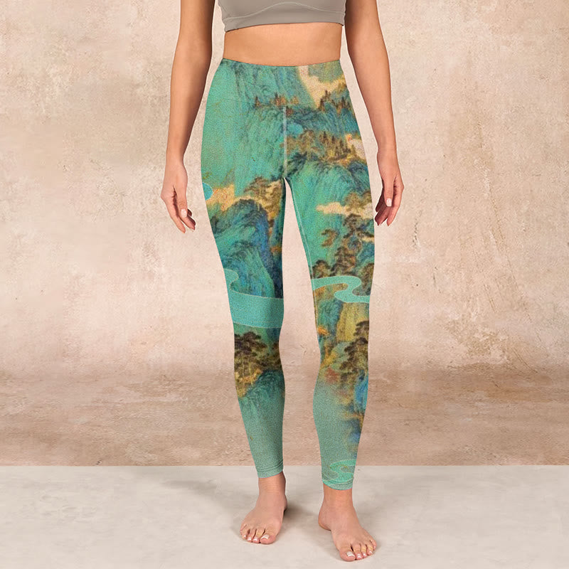 Chinese Style Green Mountains Landscape Print Lycra Fabric Fitness Leggings Women's Yoga Pants
