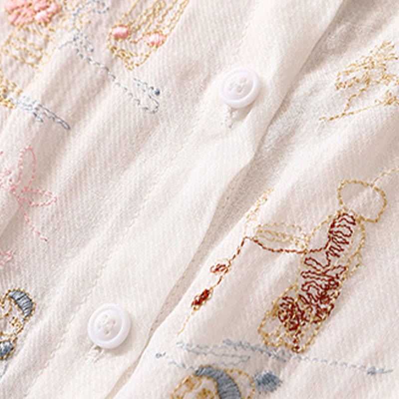Casual Embroidered Plant Stand Collar Design Three Quarter Sleeve Women's Cotton Linen Shirt