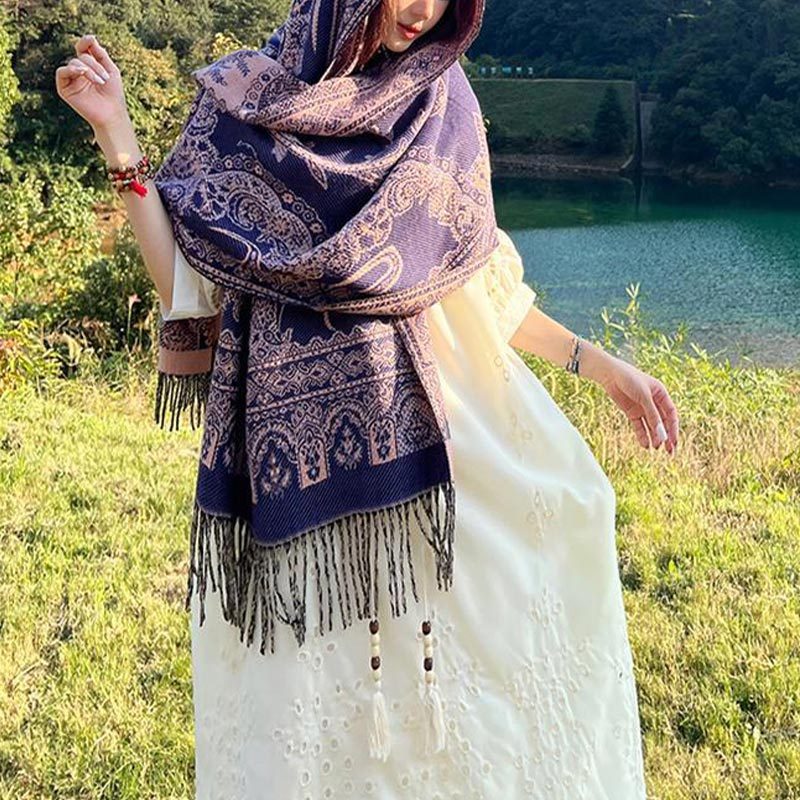 Vintage Tibetan Leaves Pattern Design Shawl Cozy Travel Scarf Wrap